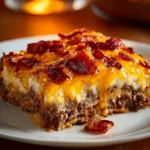 Easy Carnivore Diet Turkey Bacon Cheeseburger Pie dish on a rustic table
