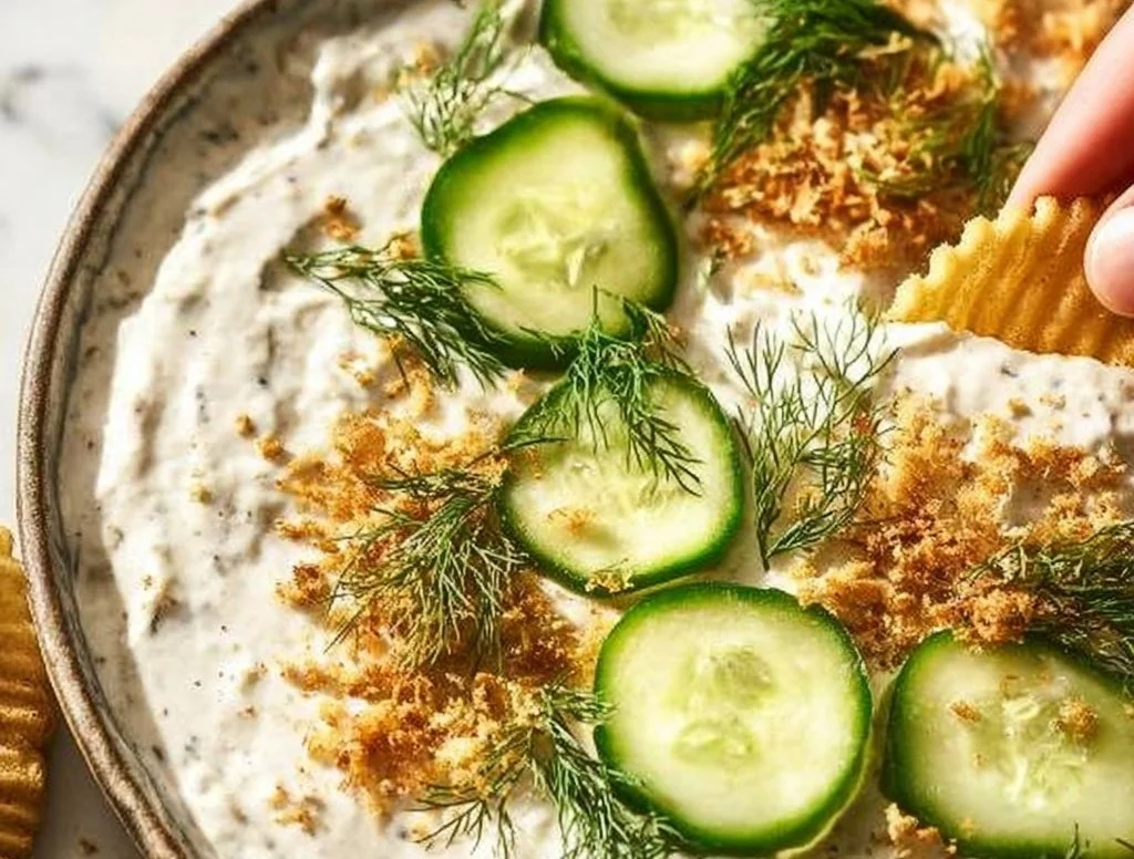 Bowl of easy fried pickle dip with crispy pickles on top