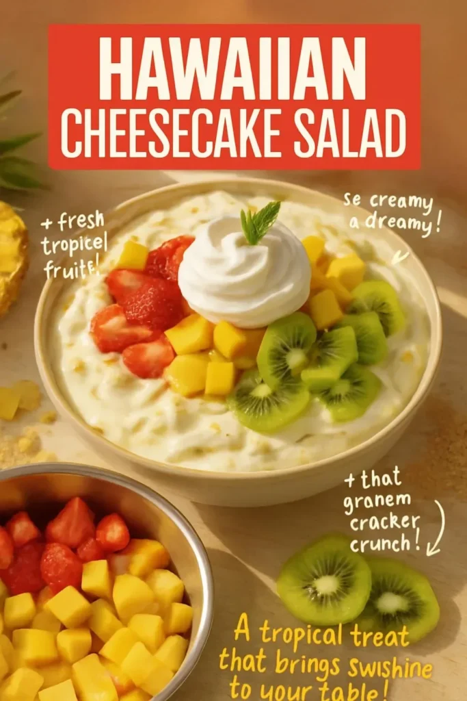 Delicious Hawaiian Cheesecake Salad in a bowl with tropical fruits.