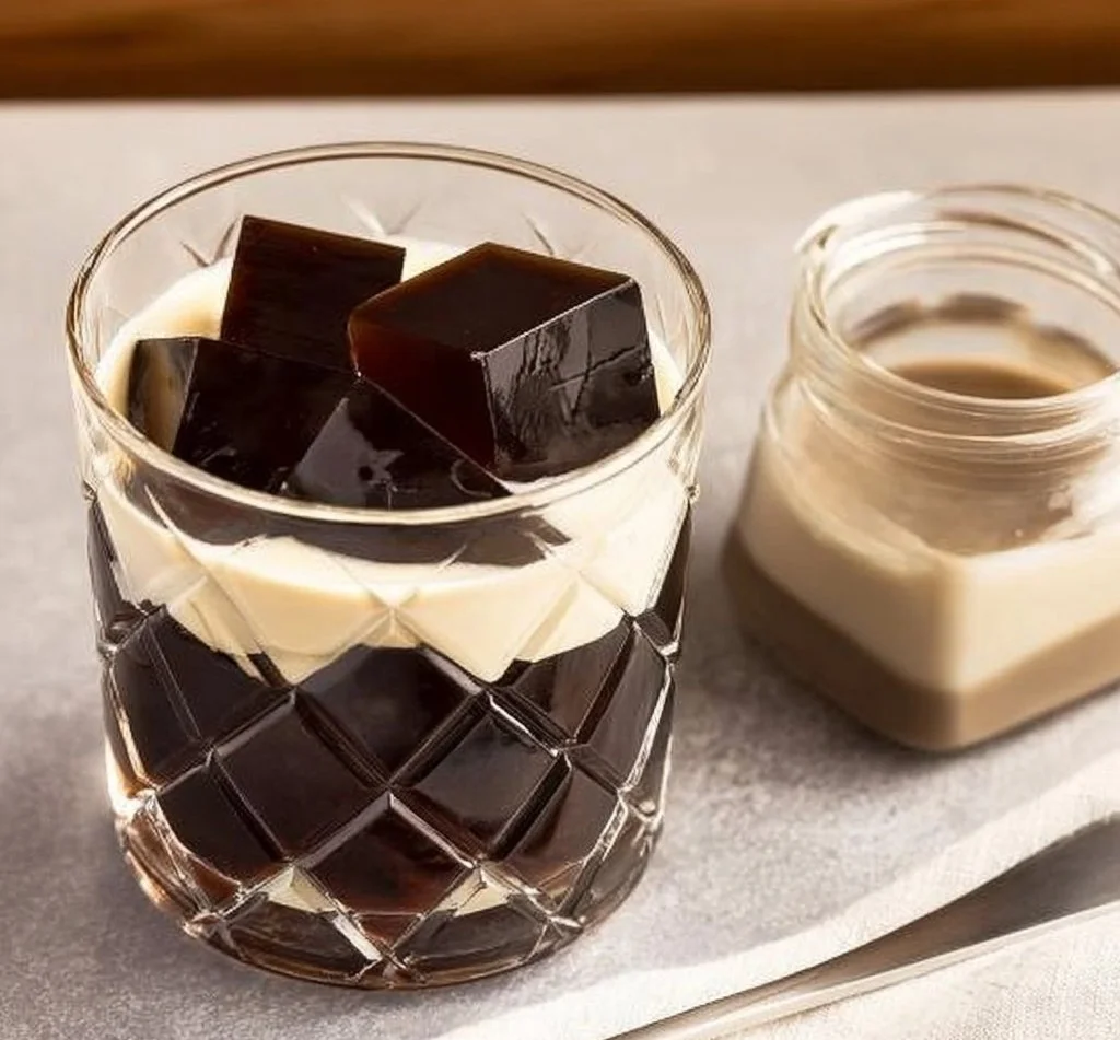 Delicious homemade Japanese coffee jelly dessert served in a glass.