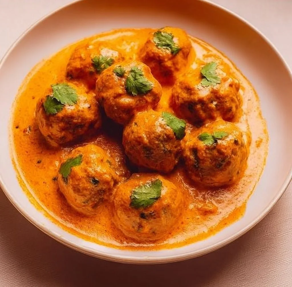 Delicious plate of Malai Kofta served with creamy sauce and garnished with fresh herbs.