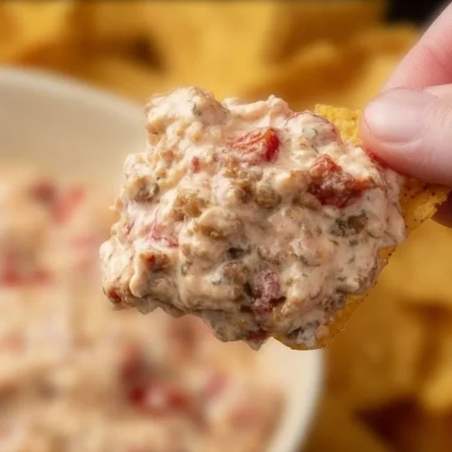 Creamy easy sausage dip served in a bowl with tortilla chips