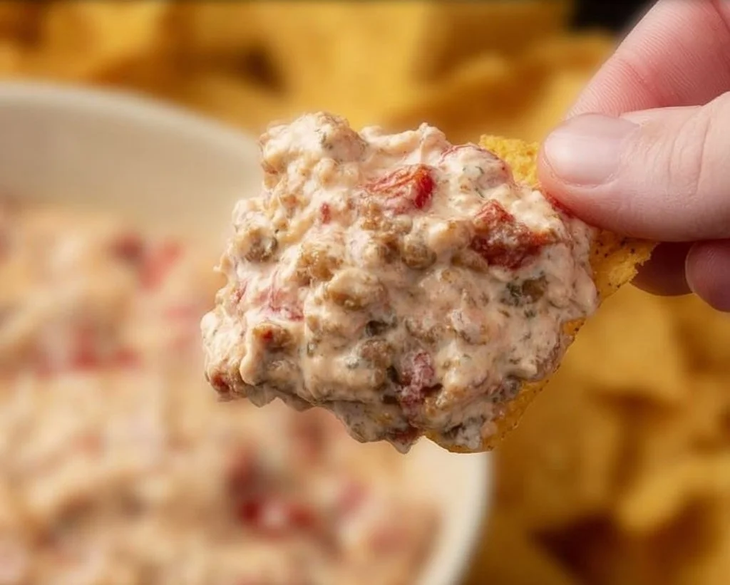 Creamy easy sausage dip served in a bowl with tortilla chips