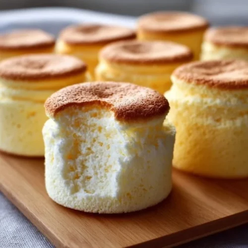 Fluffy Japanese Cotton Cheesecake Cupcakes topped with fresh cream and strawberries