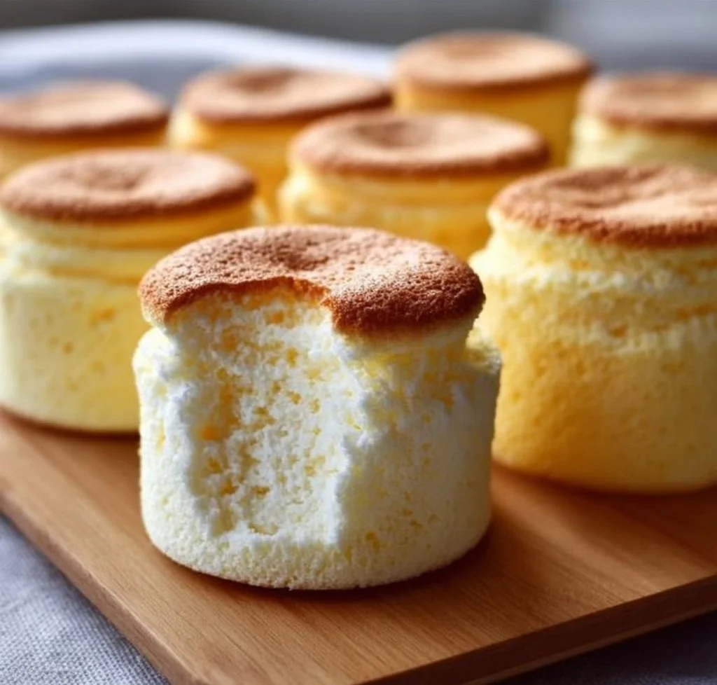Fluffy Japanese Cotton Cheesecake Cupcakes topped with fresh cream and strawberries