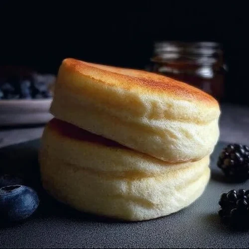 Fluffy Japanese soufflé pancakes stacked with syrup and fruit