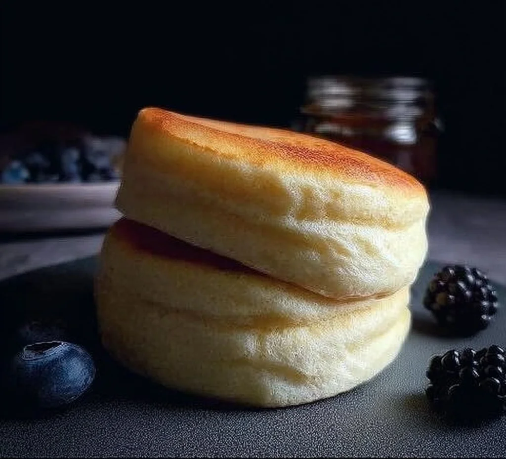 Fluffy Japanese soufflé pancakes stacked with syrup and fruit
