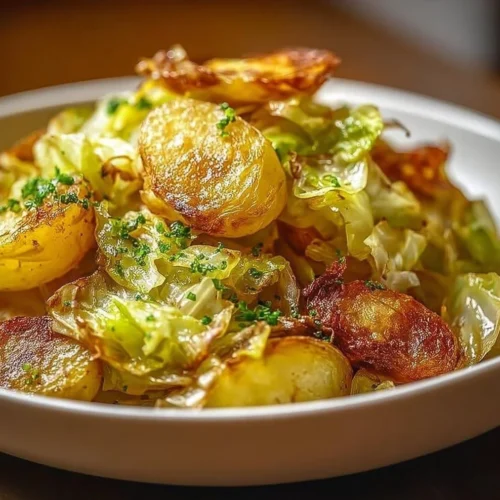 Fried cabbage and potatoes skillet dish served in a frying pan