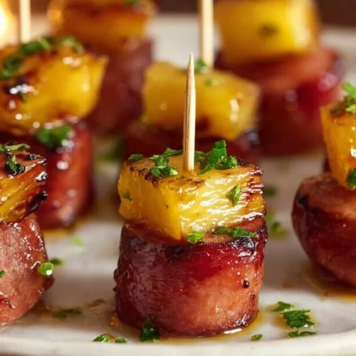 Glazed turkey kielbasa bites with pineapple on a platter, perfect for appetizers.