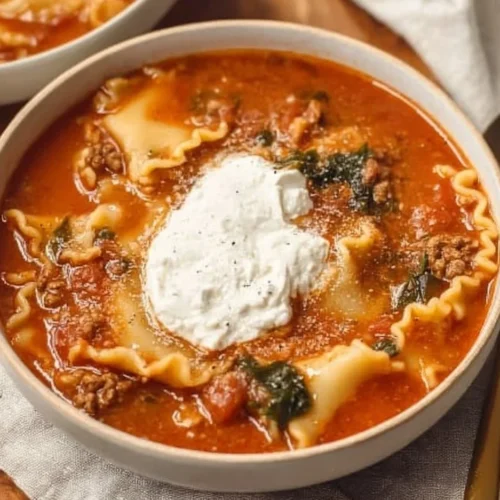 A bowl of gluten-free lasagna soup garnished with herbs and cheese alternative.