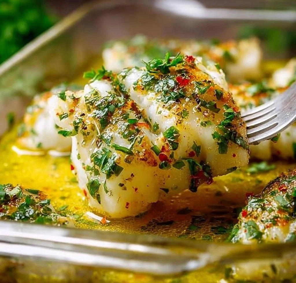 Gluten-Free Mediterranean Baked Cod with Lemon and Garlic on a serving plate