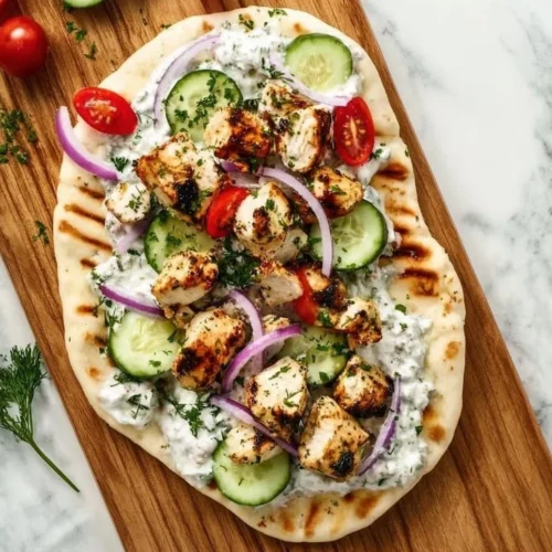 Greek Chicken Flatbread with fresh ingredients and vibrant flavors
