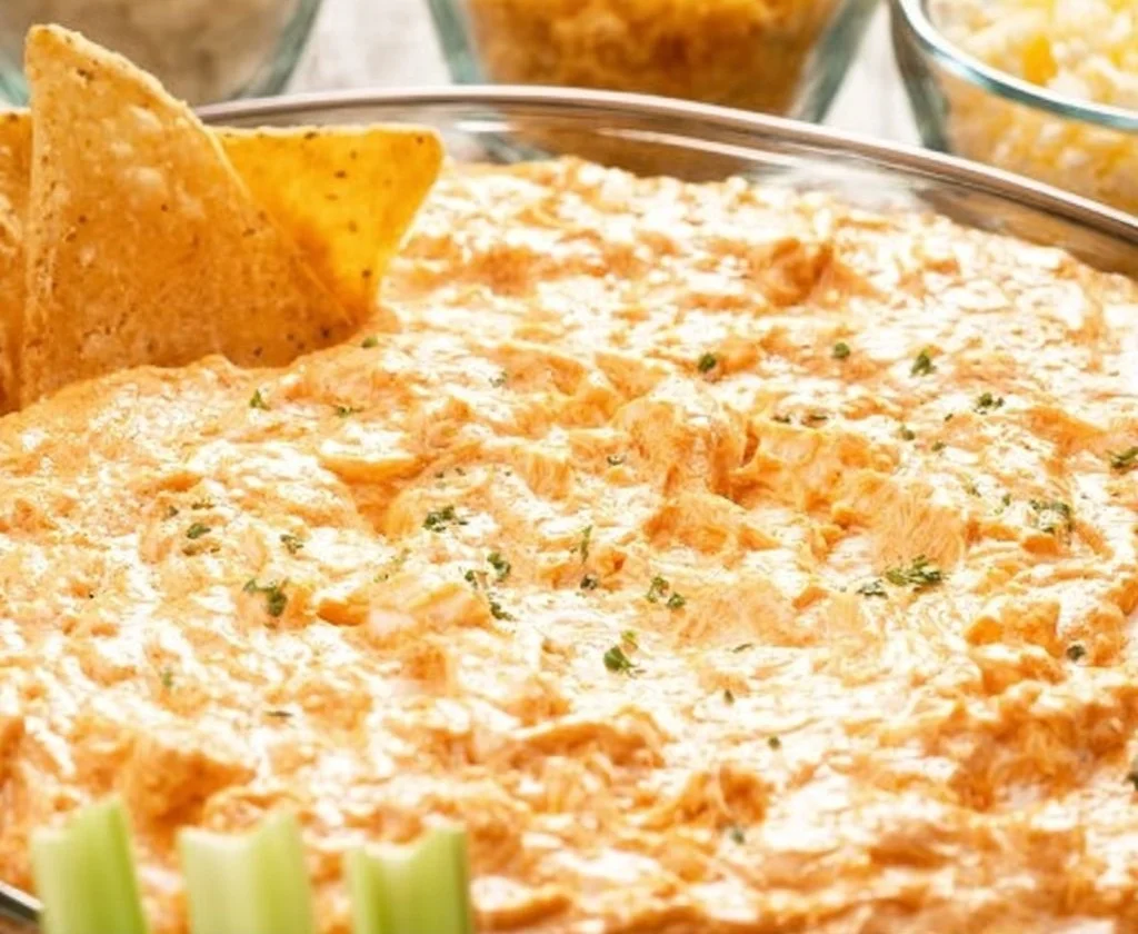 Healthy Greek Yogurt Buffalo Chicken Dip served in a bowl with tortilla chips