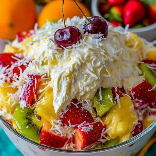 Delicious Hawaiian Cheesecake Salad topped with tropical fruits and cream.