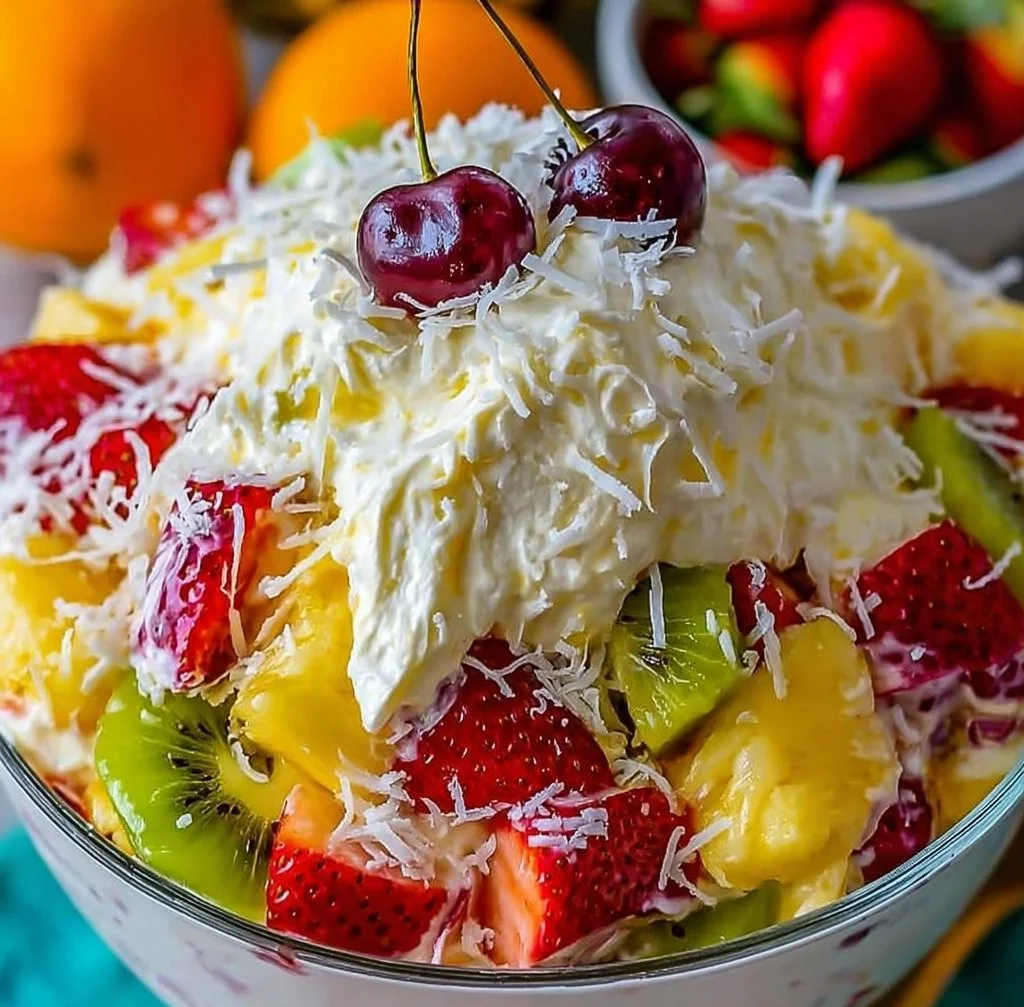 Delicious Hawaiian Cheesecake Salad topped with tropical fruits and cream.