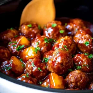Plate of Hawaiian Meatballs garnished with pineapple and green onions
