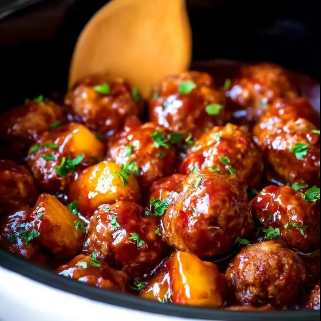 Plate of Hawaiian Meatballs garnished with pineapple and green onions