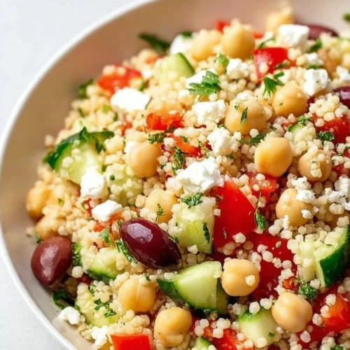 Healthy Mediterranean Couscous Salad with fresh vegetables and herbs