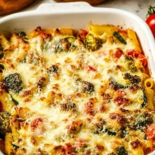 Healthy Mediterranean Vegetable Pasta Bake with colorful veggies