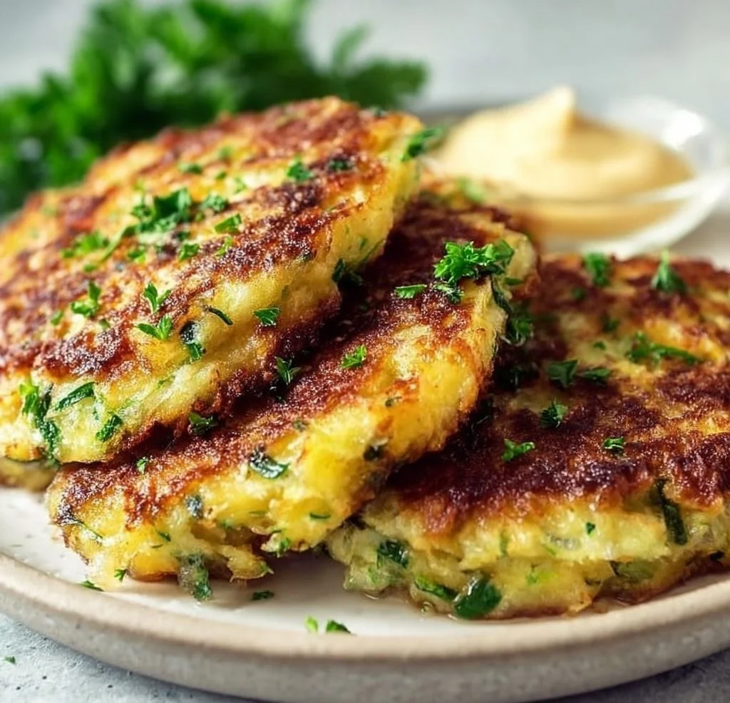 Healthy zucchini fritters served as a side dish with herbs