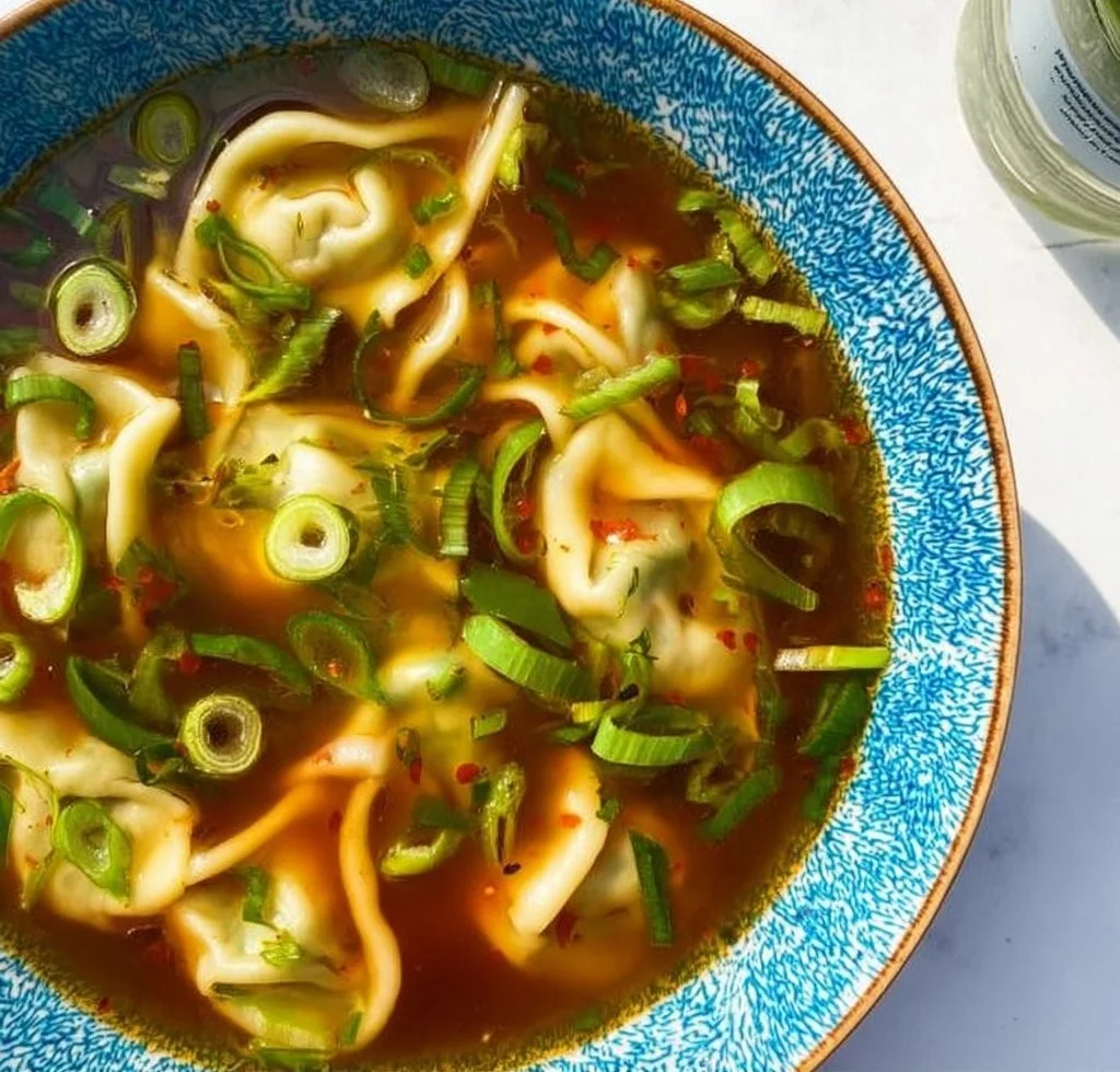 Bowl of hearty Japanese gyoza soup with dumplings and vegetables
