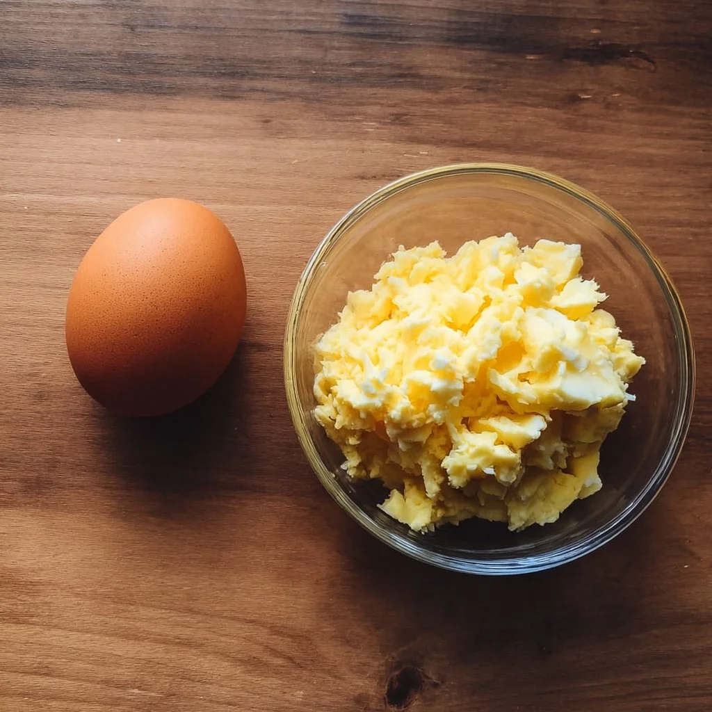 High protein egg salad served in a bowl with fresh vegetables and herbs.