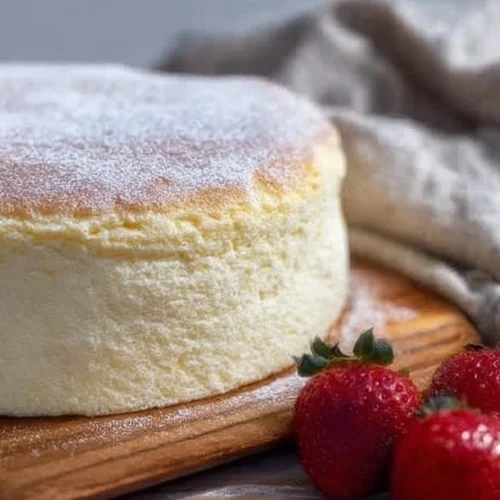 Delicious slice of Japanese Cotton Cheesecake served on a plate