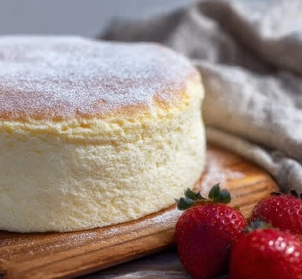 Delicious slice of Japanese Cotton Cheesecake served on a plate