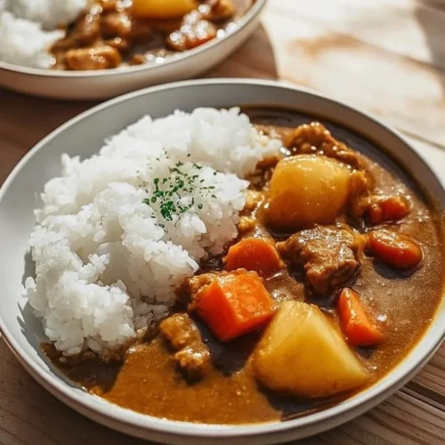 Delicious plate of Japanese Curry Chicken garnished with vegetables and rice