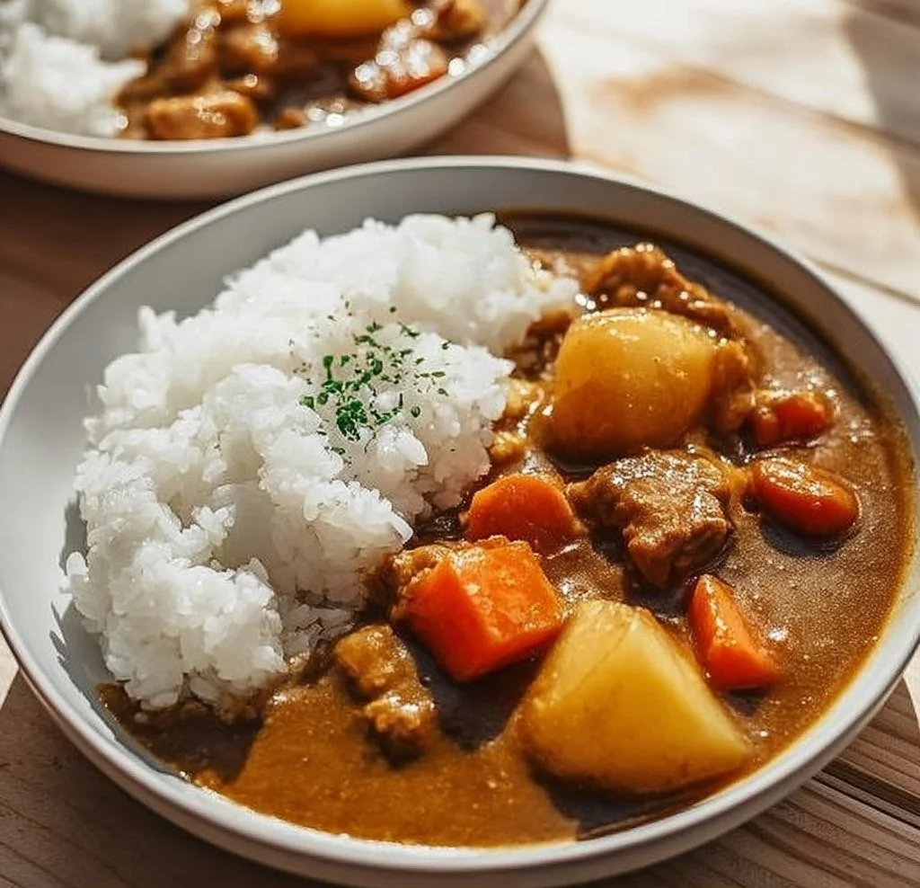 Delicious plate of Japanese Curry Chicken garnished with vegetables and rice