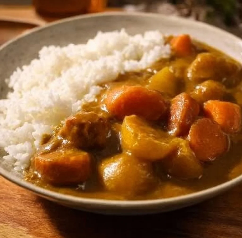 Plate of Japanese curry on rice garnished with vegetables and herbs