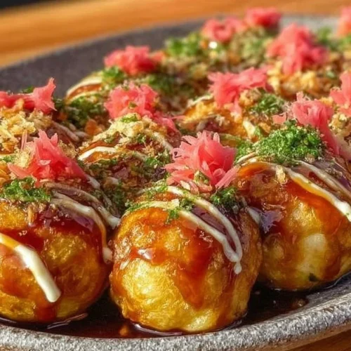 Japanese octopus balls drizzled with savory sauces on a plate