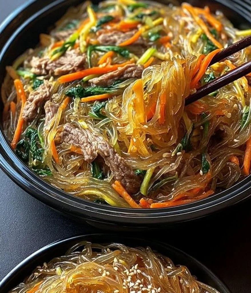 Delicious japchae made with sweet potato noodles and vibrant vegetables