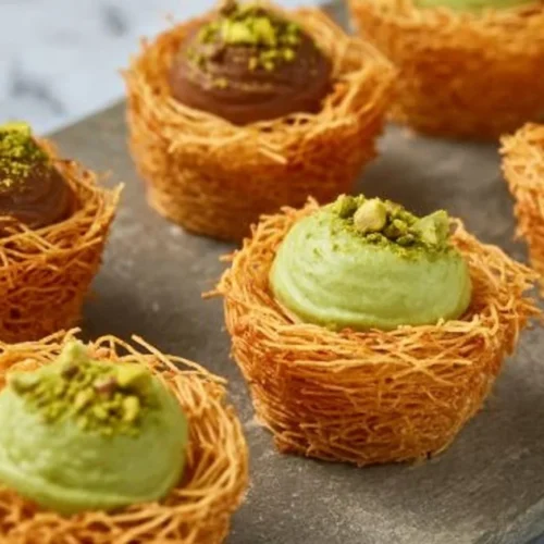 Delicious Kataifi Dubai pastry topped with chocolate and pistachio.