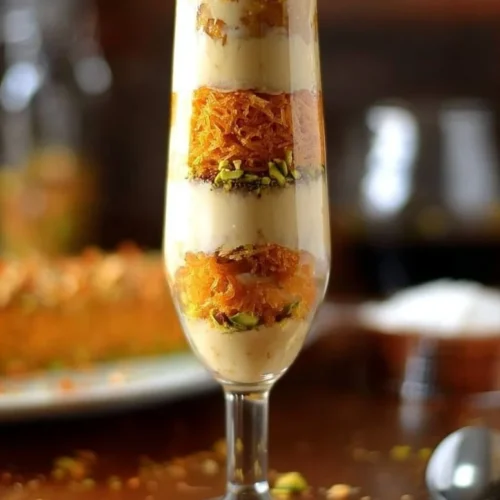 Delicious Kunafa Tiramisu dessert with layers of pastry and creamy filling.