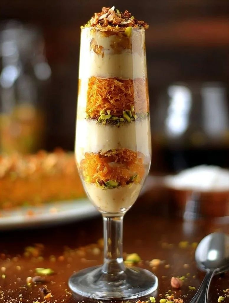 Delicious Kunafa Tiramisu dessert with layers of pastry and creamy filling.