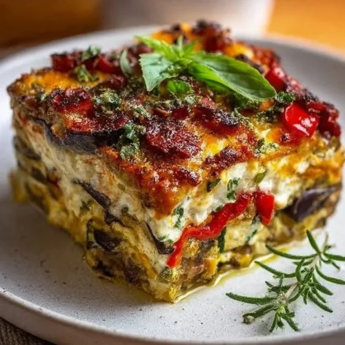 Layered Mediterranean Vegetable Lasagna with creamy ricotta and fresh veggies