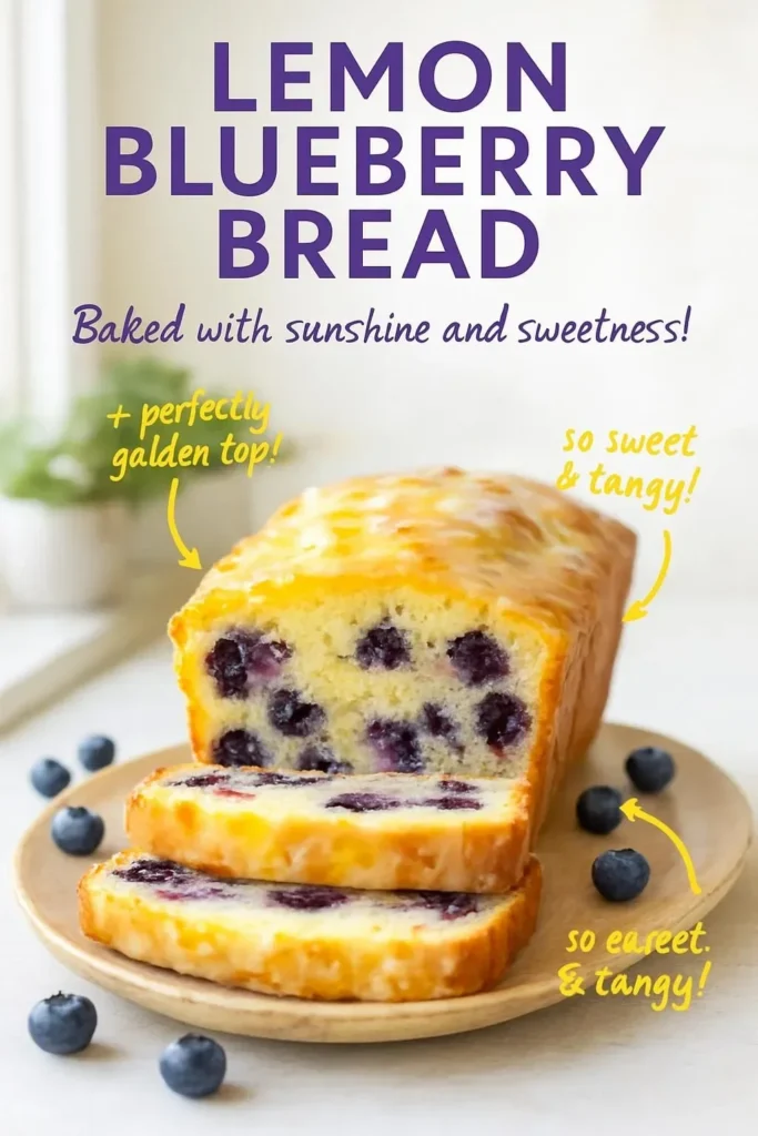 Loaf of homemade Lemon Blueberry Bread with lemon slices and blueberries