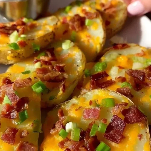 Loaded baked potato slices topped with cheese, turkey bacon, and chives