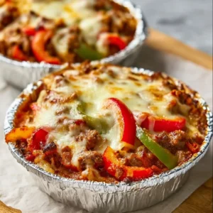 Low carb crustless pizza bowl topped with cheese and vegetables