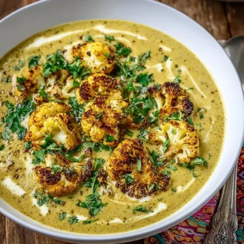 Bowl of Mediterranean Cauliflower Soup garnished with herbs and olive oil.