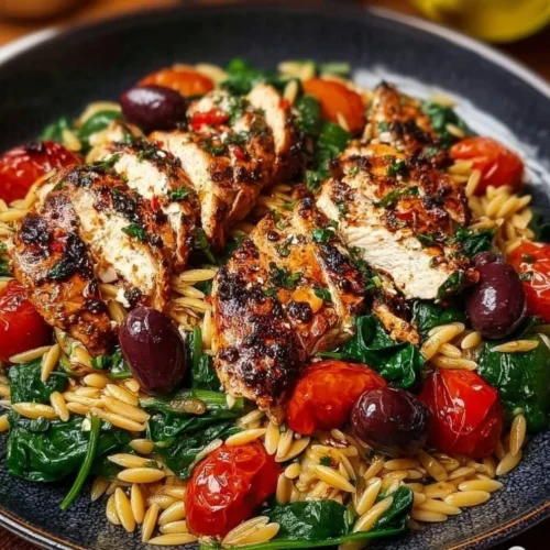 A flavorful Mediterranean Chicken and Orzo dish garnished with herbs and vegetables.