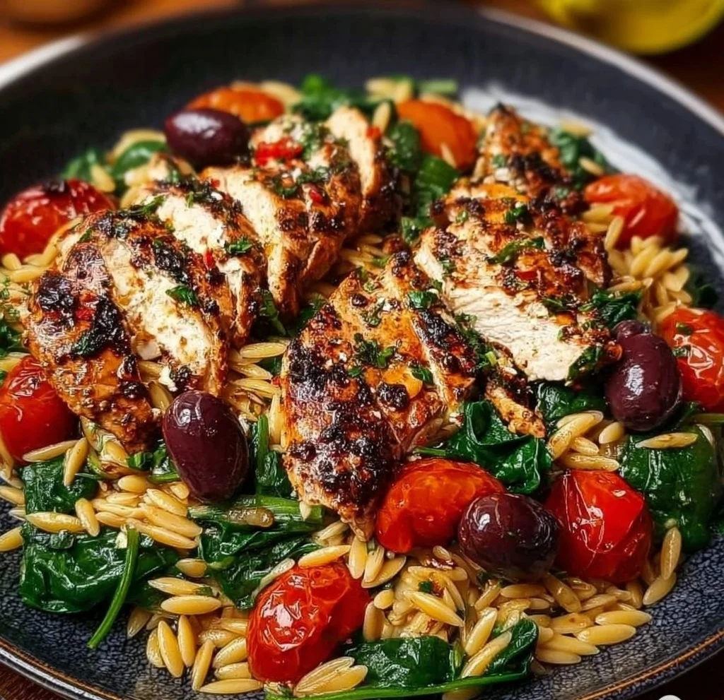 A flavorful Mediterranean Chicken and Orzo dish garnished with herbs and vegetables.