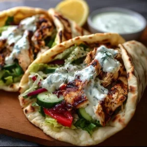 Mediterranean Chicken Gyros served with creamy feta tzatziki sauce.