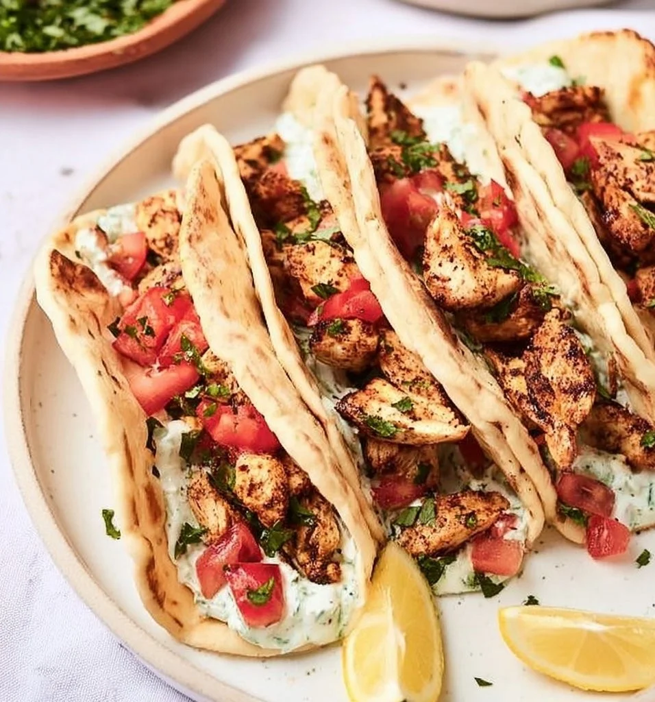 Mediterranean Chicken Tacos with fresh vegetables and herbs