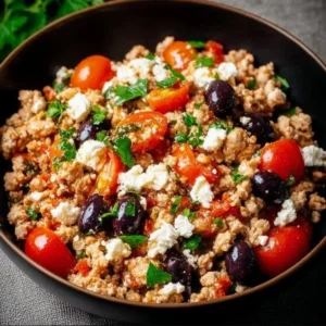 Mediterranean Keto Skillet with Ground Chicken, Olives, and Feta