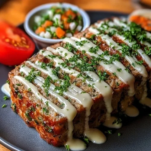 Mediterranean Meatloaf with Garlic Herb Sauce served on a plate