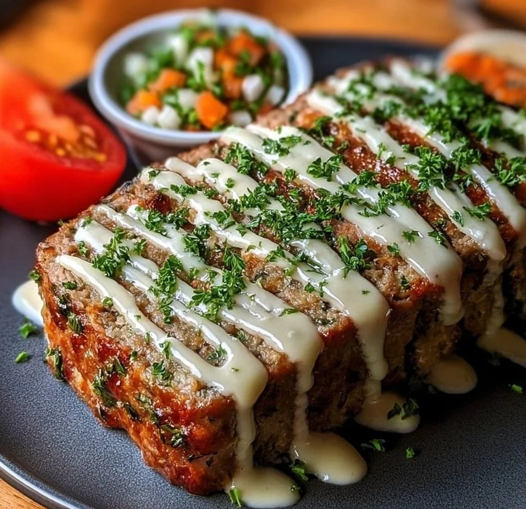 Mediterranean Meatloaf with Garlic Herb Sauce