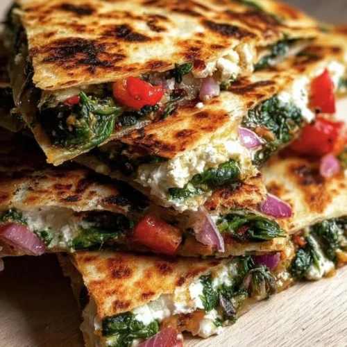 Mediterranean Quesadillas with spinach, feta, mozzarella, and red onion.