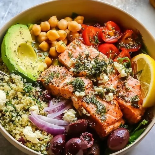 Mediterranean Salmon Bowl with vibrant vegetables and grains